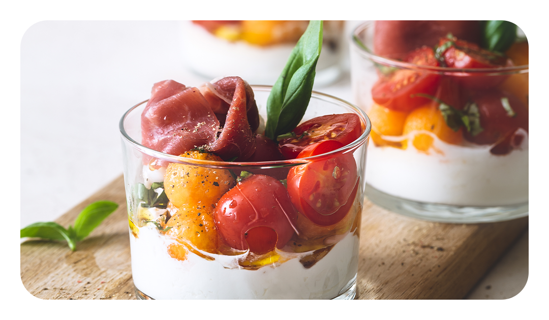 Verrines de melon, jambon cru et ricotta